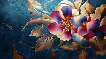 Vibrant floral illustration, colorful blooming flowers with intricate petals against a soft blue background, ideal for print or digital use.