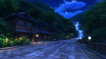 Tranquil Japanese Village at Night with Waterfall in Background Beautiful Serene Scene