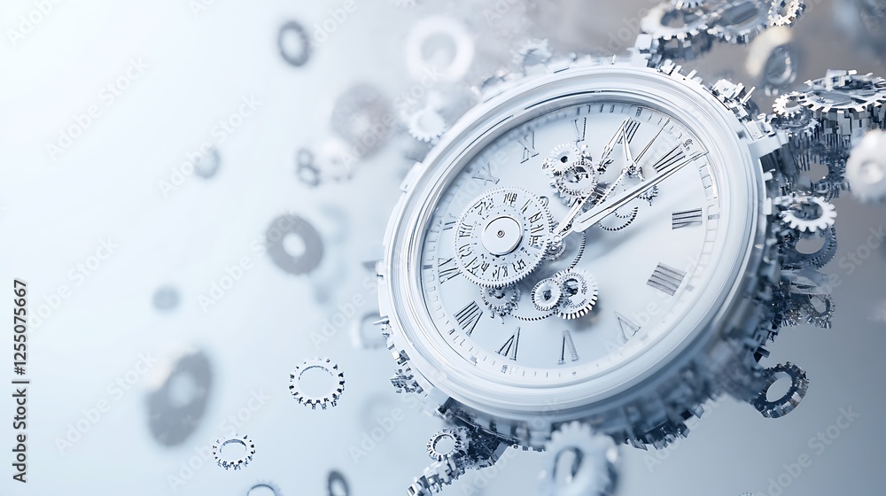 Poster abstract clock gears in motion, conceptual time, futuristic design, possible use for tech or busines