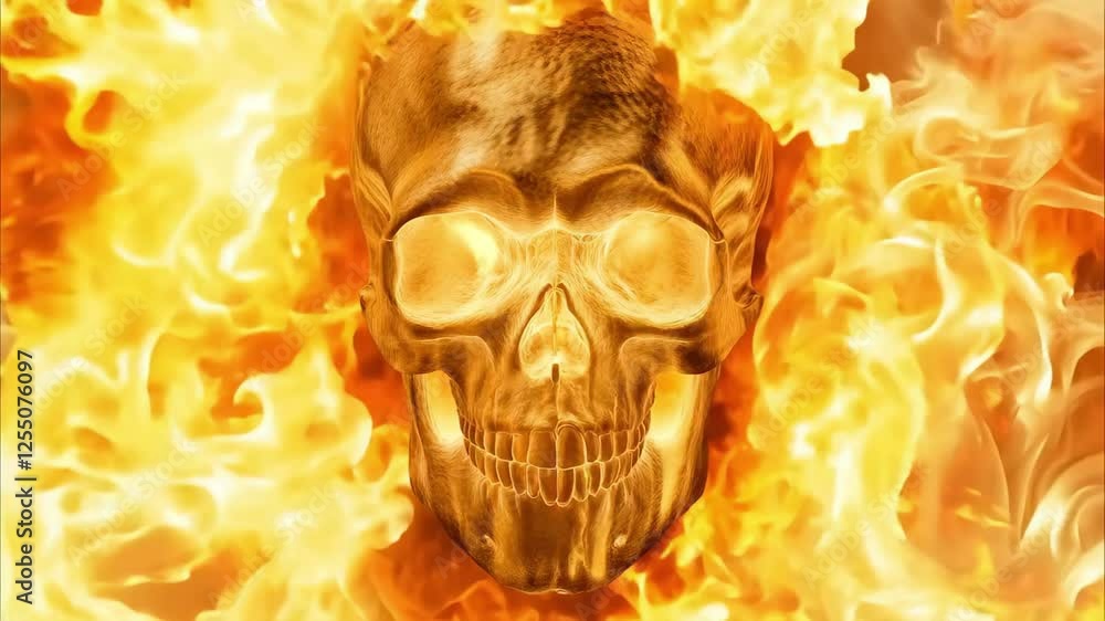 Poster a fiery skull surrounded by flames, creating a dramatic and intense visual effect.