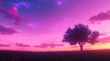 Tranquil Tree Silhouette Under Colorful Sky at Dusk Evening Landscape of Serenity and Peace