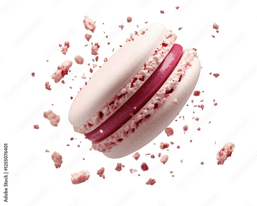 Aufkleber floating macaron with crumbs around it, creating dynamic and fun scene. pink filling contrasts beaut