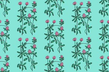 Botanical abstract plant seamless pattern with wildflowers Clovers vector illustration. Repeating retro floral pattern in light blue color background. Graphic design for Wallpaper Textile Cover Print