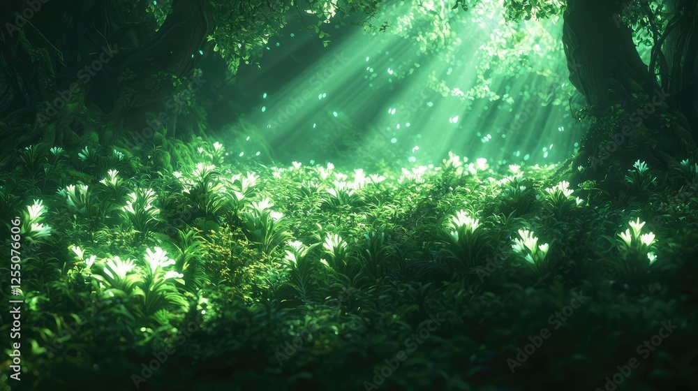 Poster glow forest concept. a serene forest scene with glowing plants and rays of light filtering through t