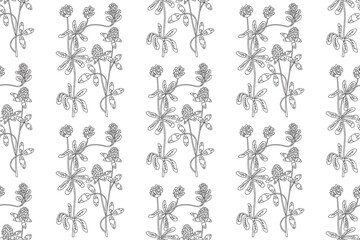 Line art botanical abstract seamless plant pattern with Clover wildflowers vector illustration. Black and white outline repeating floral background. Graphic design for Wallpaper Textile Cover Birthday