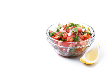 Traditional Mexican Pico de Gallo sauce isolated on white background. Copy space