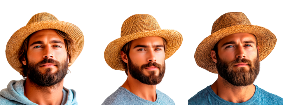 Set of man with beard wearing straw hat isolated on transparent background