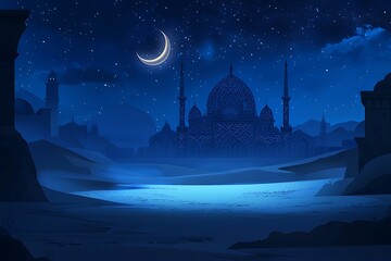white digital banner featuring serene night desert, a mosque and crescent