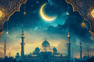white digital banner featuring serene night desert, a mosque and crescent
