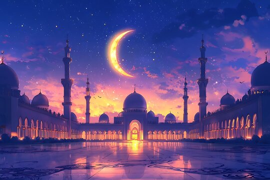 white digital banner featuring serene night desert, a mosque and crescent