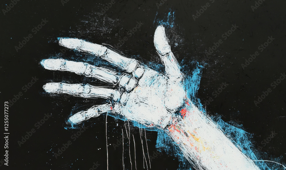 Poster exploring the depths of expression: a striking artistic representation of a skeletal hand against a 