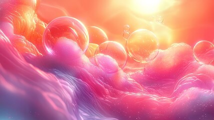 Dreamy pastel bubbles floating through a vibrant, ethereal landscape, capturing a sense of wonder and tranquility in a surreal, colorful atmosphere.