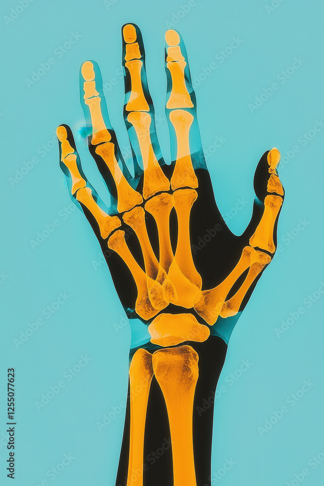 Poster exploring the intricate structure of the human hand through an eye-catching x-ray image highlighting