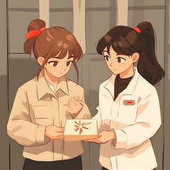 Obraz premium Two Animated Women Exchange a Small Gift Box in a Warmly Lit Interior Scene Design Illustration