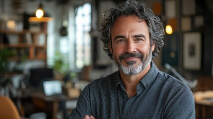 Fototapeta premium Confident Middle-Aged Man: Portrait of a charismatic middle-aged man with graying curly hair and a warm smile, conveying confidence and approachability. He stands with his arms crossed in a modern.