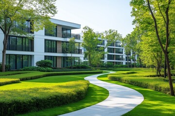 A winding path through a green landscape leads to modern white residential buildings surrounded by trees