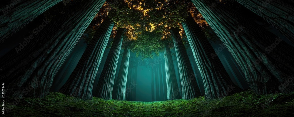 Poster glow forest concept. enchanting forest with sunlight filtering through tall trees, creating a magica