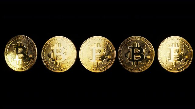 Physical golden plated coins with the Bitcoin logo rotating  around its axis on black background. 