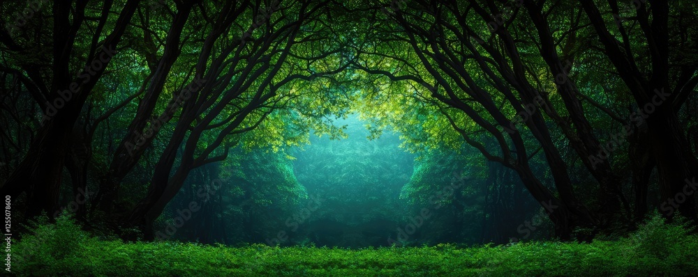 Poster glow forest concept. lush green forest with sunlight filtering through trees, creating a serene atmo