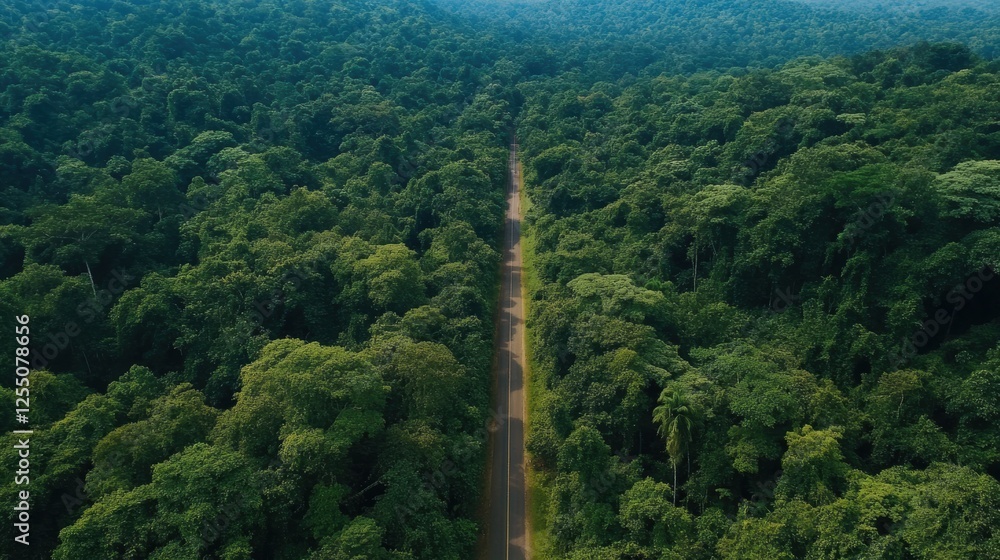 Poster straight road leads into a dense forest with lush greenery and towering trees under the clear blue s