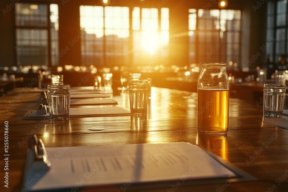 Aufkleber sunlight streams through large windows onto a dining table set for an event in a spacious venue