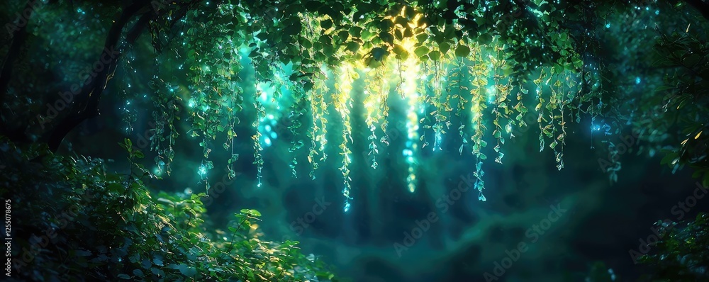 Poster glow forest concept. a serene forest scene with glowing vines and a mystical atmosphere.