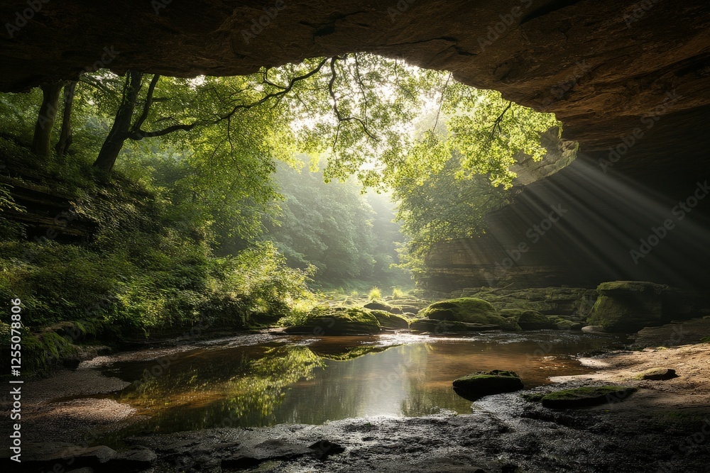 Poster moss-covered rocks and trees surrounded by rays of sunlight in a tranquil forest setting