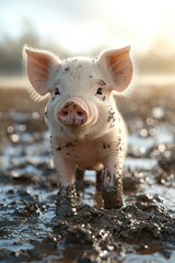 A Mud Covered Piglet Stands In The Mud