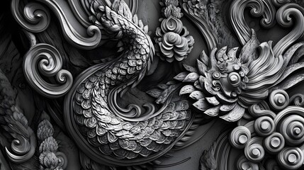Intricate dragon sculpture detail, ornate carving showcasing mythical creature, ideal for fantasy art discussions or designs.
