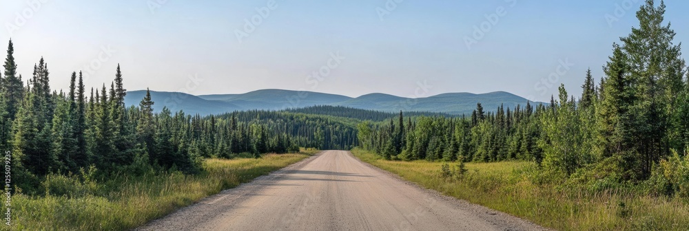 Poster straight road winding through a dense green forest with mountains in the distance during a clear day