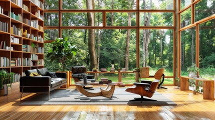 Fototapeta premium Serene Forest View Living Room: Modern Architecture Meets Nature