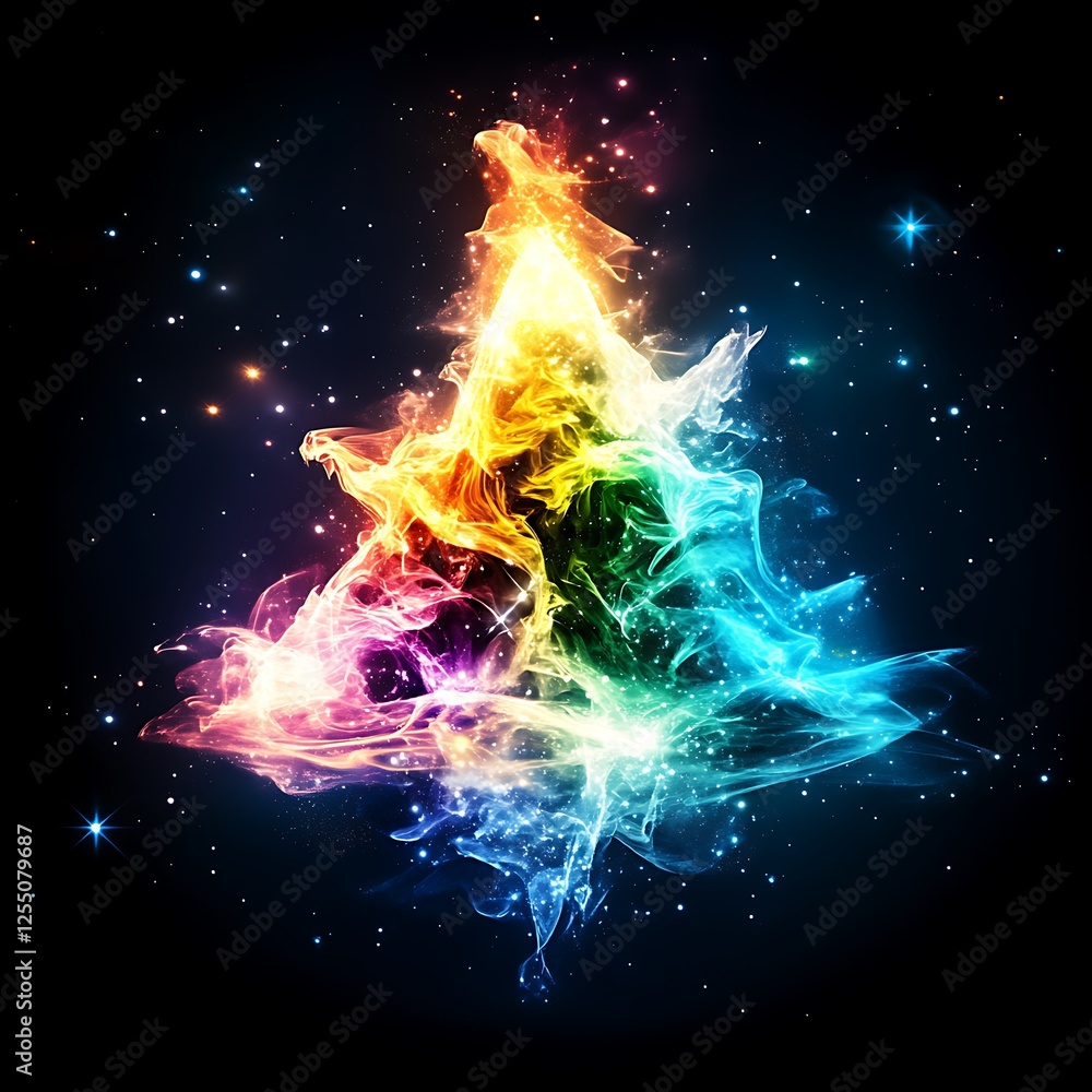 Poster vibrant abstract triangular nebula explosion of color and light against a starry black background