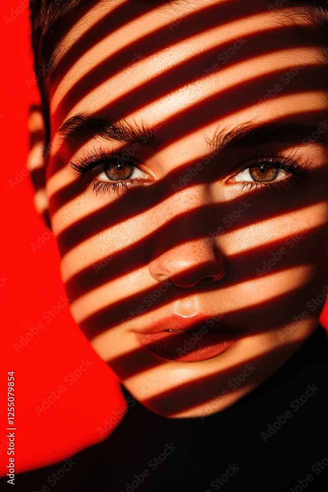 Poster striking portrait of a model with artistic shadows and bold colors capturing emotion and style in a 