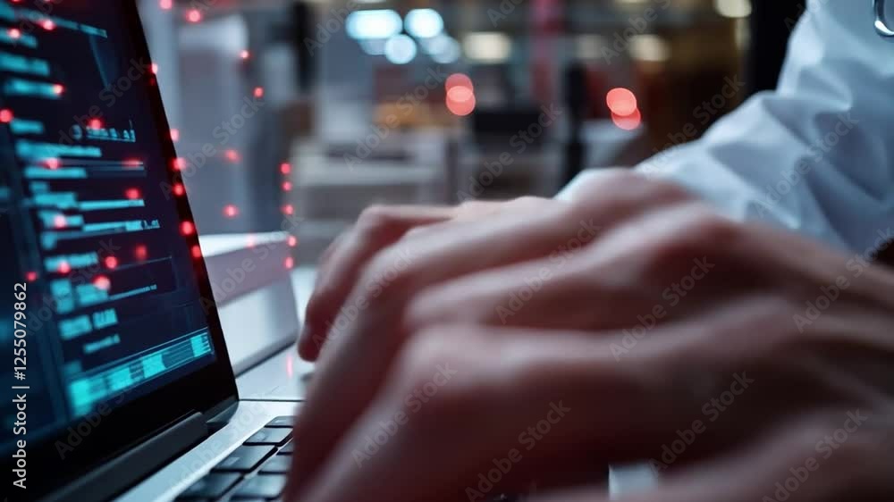 Poster digital code analysis: a close-up shot captures the intensity of modern technology as a person's han