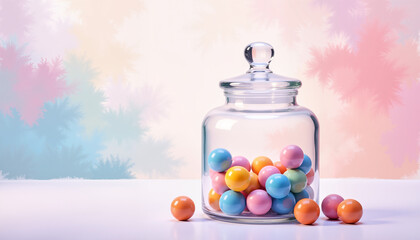 Colorful glass jar filled with pastel gumballs against a soft, dreamy background for playful decoration and sweetness