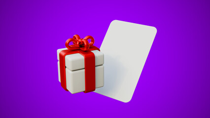 Shopping gift voucher concept on purple background. Discount coupon, voucher with gift box concept. Shopping banner. Coupon template with gift box. Mock up.