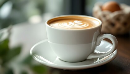 Fototapeta premium Studio shot, close-up, macro, frothy flat white cup of coffee isolated against modern background