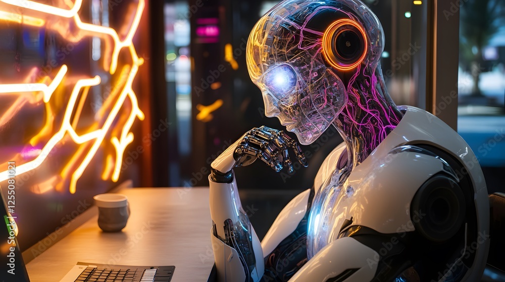 Poster transparent robot contemplating at a desk in a modern setting