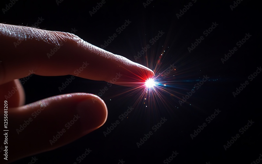 Poster finger touching glowing light, close-up, technology concept, possible use for illustrating innovatio