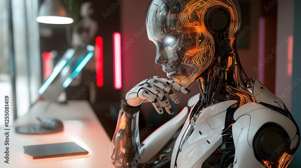 Aufkleber advanced robot contemplating in modern office setting