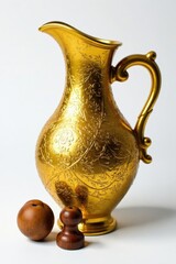 Ornate golden clay jug, three rustic wooden stoppers, brown, detail