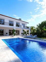 Relaxing poolside retreat modern villa real estate outdoor living clear sky luxury lifestyle