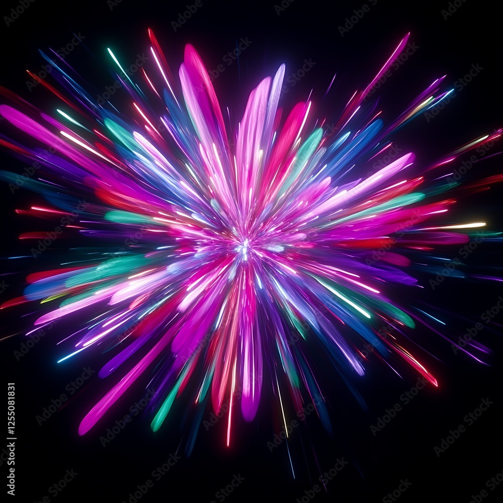 Poster vivid radial burst of colorful light emanating from a central point against a dark background displa