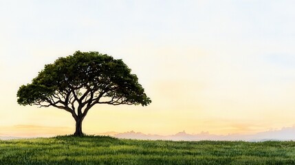 Obraz premium Calm sunset over isolated oak tree natural landscape grassland serenity tranquil environment wide angle view
