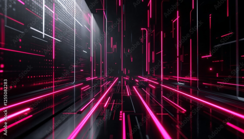 Poster futuristic neon grid, abstract data stream visualization in deep space