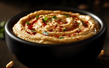 Creamy Hummus in a Bowl,  Delicious Dip on Dark Surface