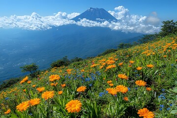 Fototapeta premium Vibrant Wildflowers on Mountain Slope with Majestic Peak in Background
