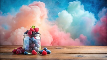 A delightful arrangement of assorted berries in a glass jar, nestled on a rustic wooden table against a dreamy pastel backdrop.
