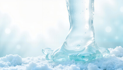 Transparent water splash creating dynamic movement on a snowy surface against a soft blue background, evoking a sense of tranquility and freshness