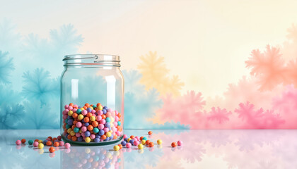 Colorful candy jar filled with vibrant sweets against a pastel-colored abstract background, evoking joy and nostalgia